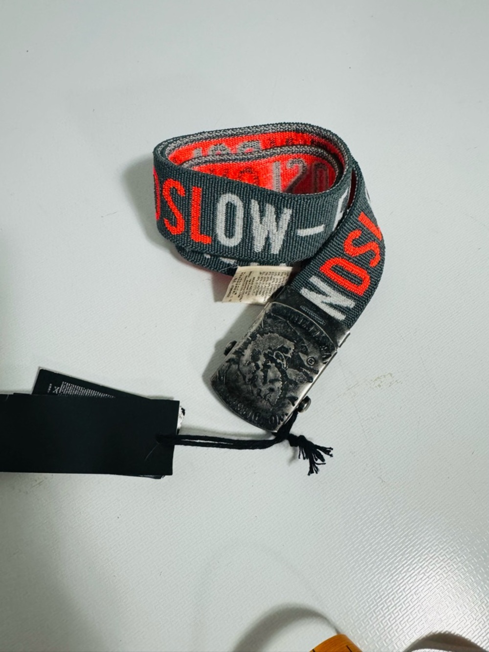 Diesel Grey Web Belt with Red & White Logo and Distressed Silver Buckle - Picture 4 of 6